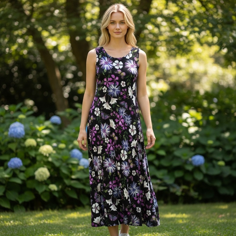 VTG Attitudes by Renee Maxi Dress Womens Small Floral Butterfly Jersey Stretch